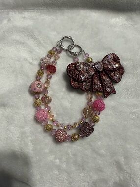 Hand Made Pink Crystal Bow Beaded Keychain
